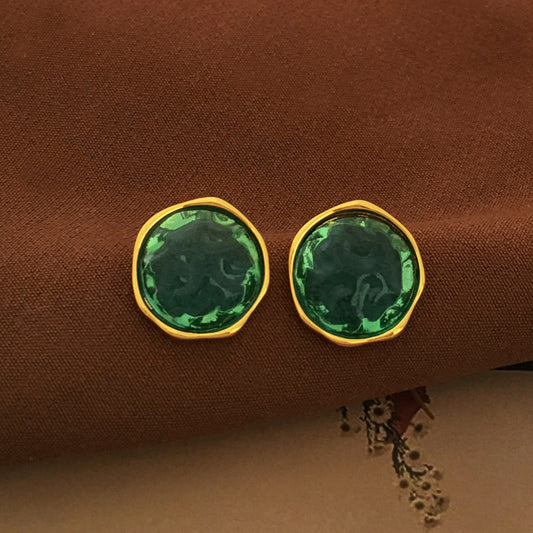 [DF]Copper plated gold S925 silver needle Hong Kong style retro green resin earrings with irregular personality and simple ear accessories