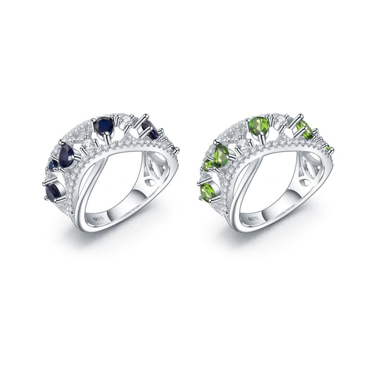 Bague Diopside naturelle avancée, bague au trésor colorée incrustée d'argent s925