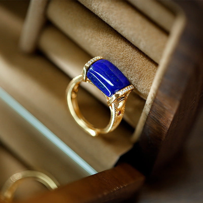 S925 Silver Plated Gold Inlaid Natural Lapis lazuli Opening Adjustment Ring