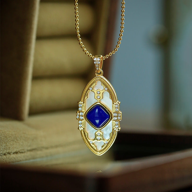 S925 sterling silver gold-plated lapis lazuli white mother-of-pearl pendant