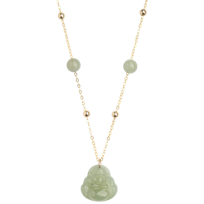 Colgante de Buda Maitreya de jade hetiano, collar envuelto en oro de 14 k, cadena de clavícula para mujer