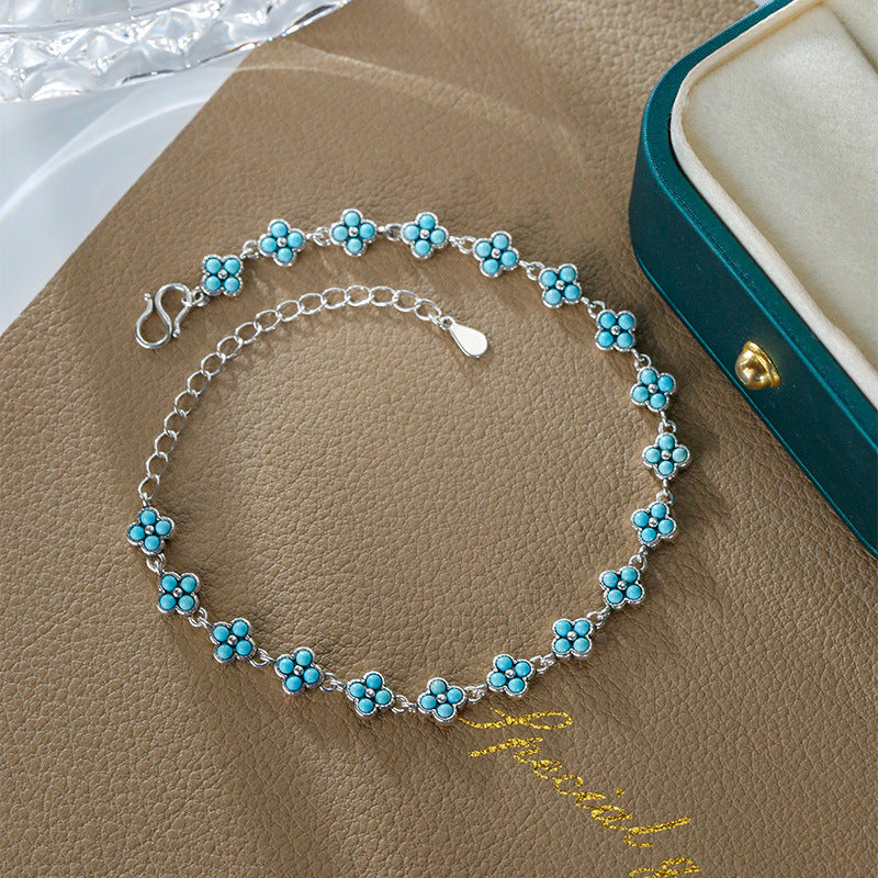 S925 Silver Set Turquoise Clover Bracelet Fashionable and Versatile Exquisite Bracelet