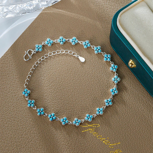 Pulsera de plata S925 con trébol turquesa, pulsera elegante, versátil y exquisita