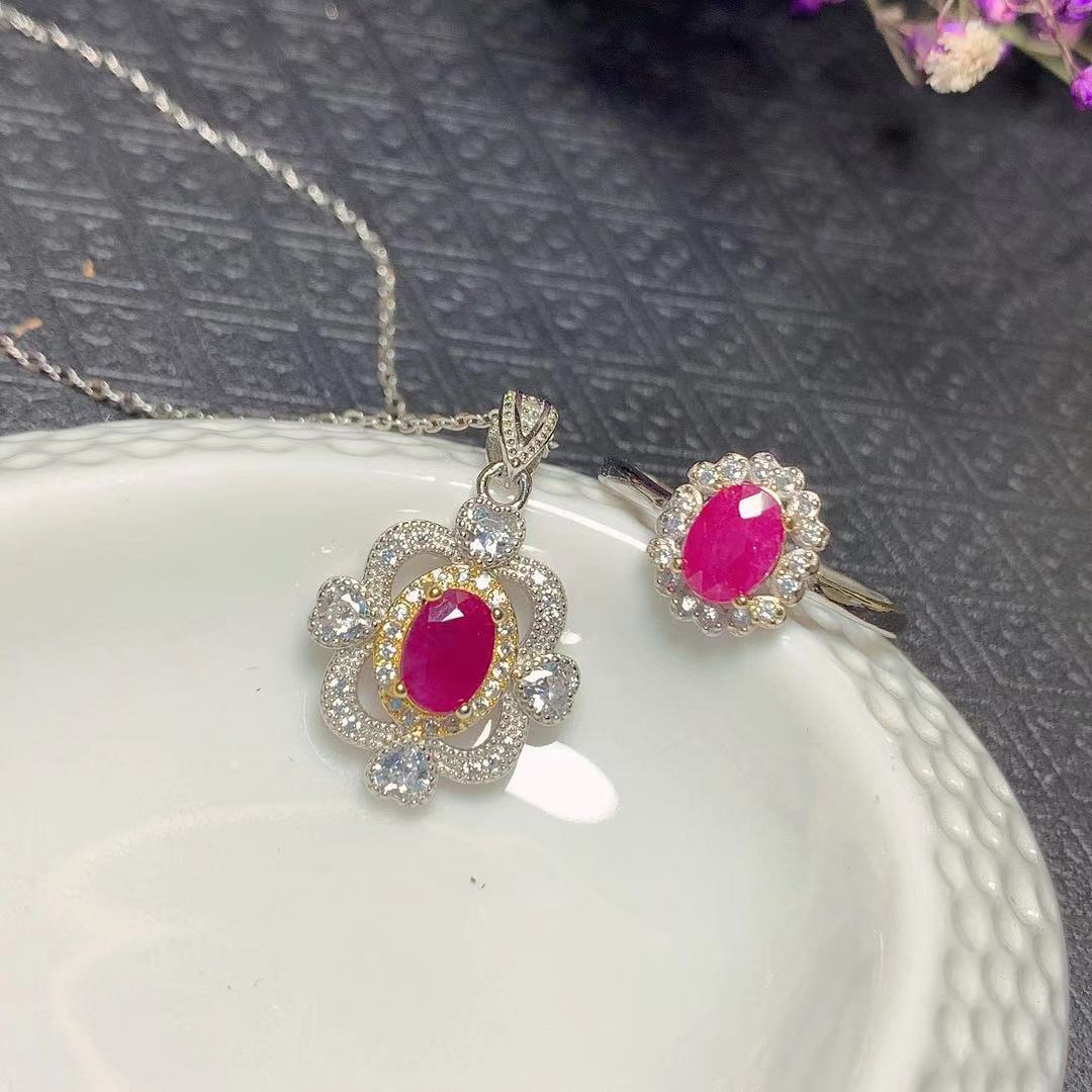 [DF]Natural Burmese Ruby Set with Oval Gemstone Ring and Pendant - Vintage Charm