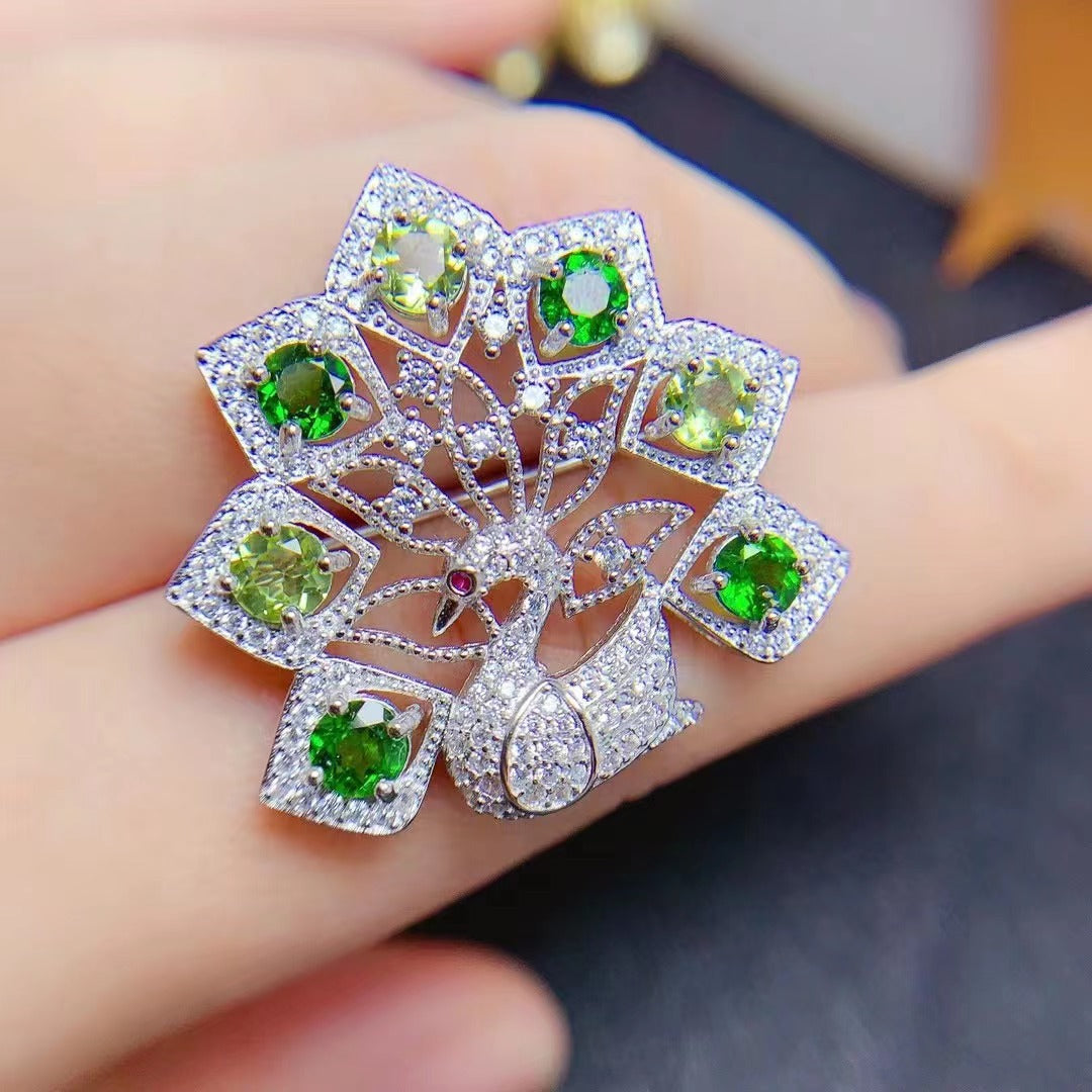 New pendant brooch dual-purpose 925 silver set natural peridot diopside necklace brooch drop-off