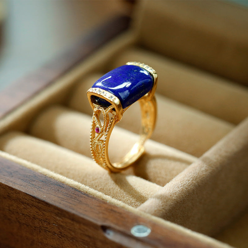 Bague de réglage d'ouverture en Lapis-lazuli naturel incrusté d'or plaqué argent S925