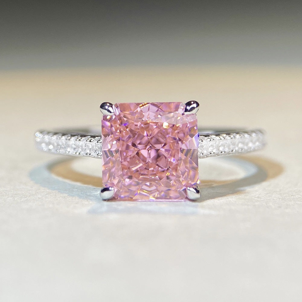 S925 Pure Silver Colorful Treasure Ring Sakura Pink Diamond Simple Four Claw High Carbon Diamond