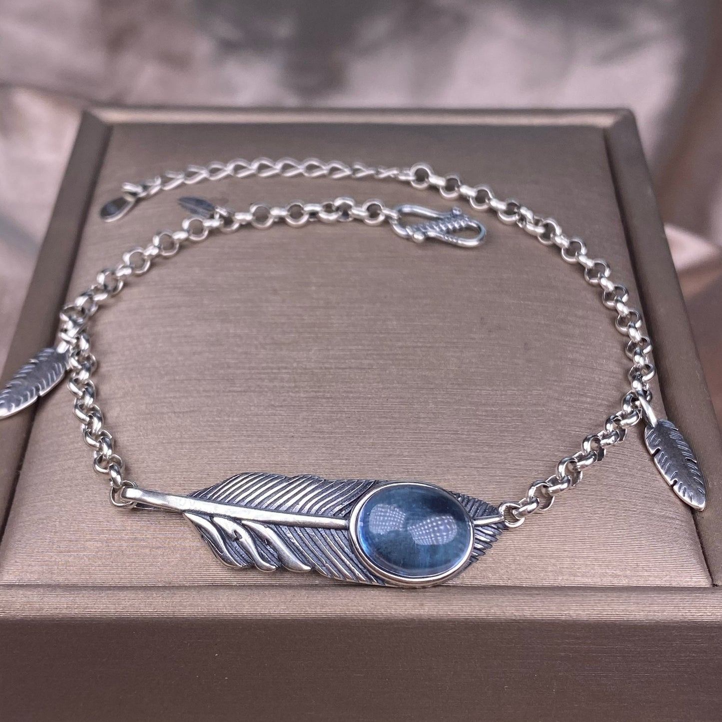 Aquamarine bracelet s925 silver inlaid retro old feather jewelry