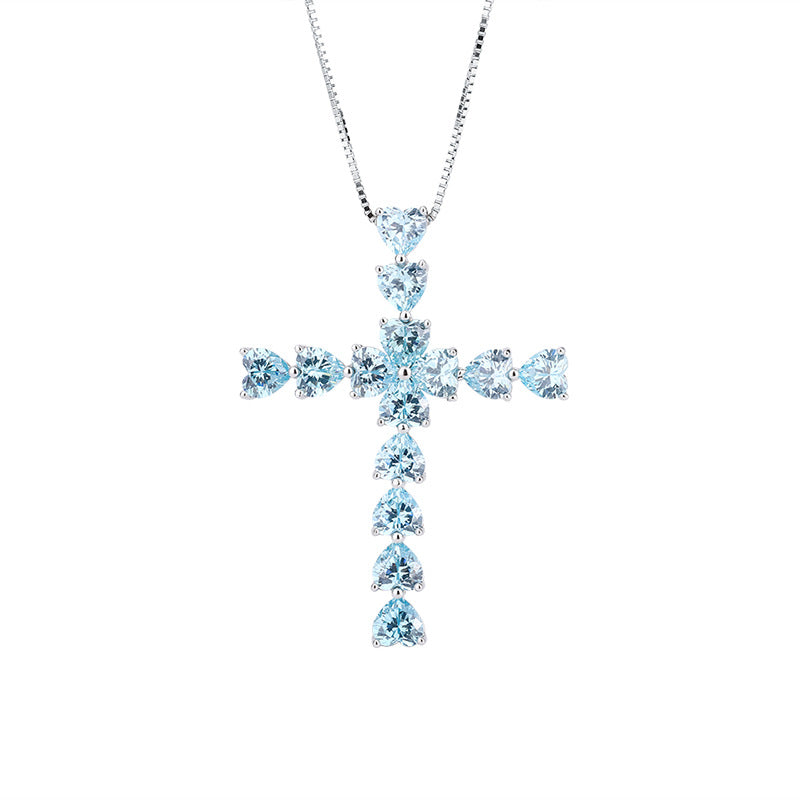 S925 Full body Silver Ocean Blue Treasure Seiko Full Diamond Heart shaped Cross Necklace Pendant