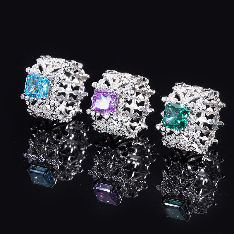 S925 Full body Silver High Carbon Diamond Hollow Diamond Set Women's Ring Main Stone 8 * 8