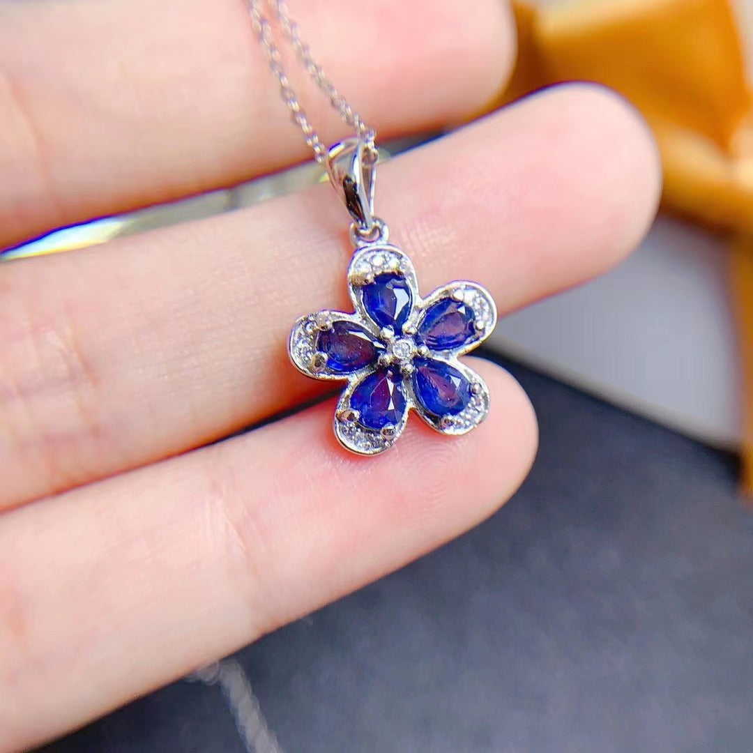 [DF]Natural Sri Lanka Sapphire Pendant high clarity 925 silver plated white gold temperament flower necklace