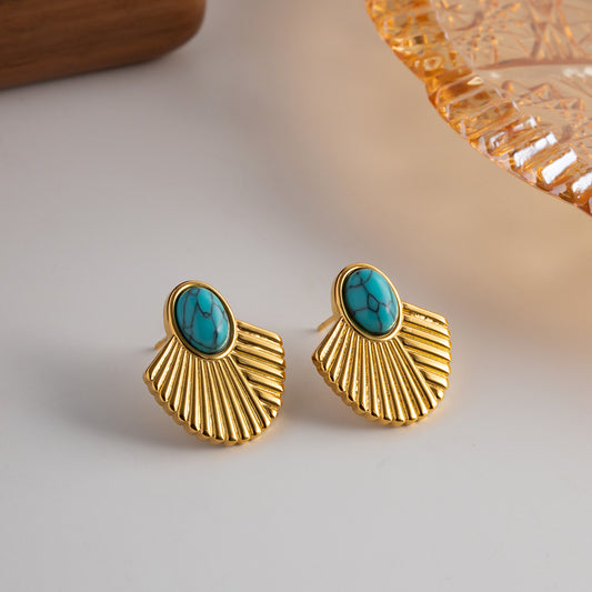 INS French style new vintage stainless steel 18K gold plated turquoise earrings