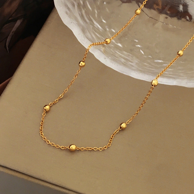 [DF]Gold Plated Japanese and Korean Simple and Fashionable Plain Chain Small Ball Necklace for Women's Personality, Temperament, and Popular Clavicle Chain