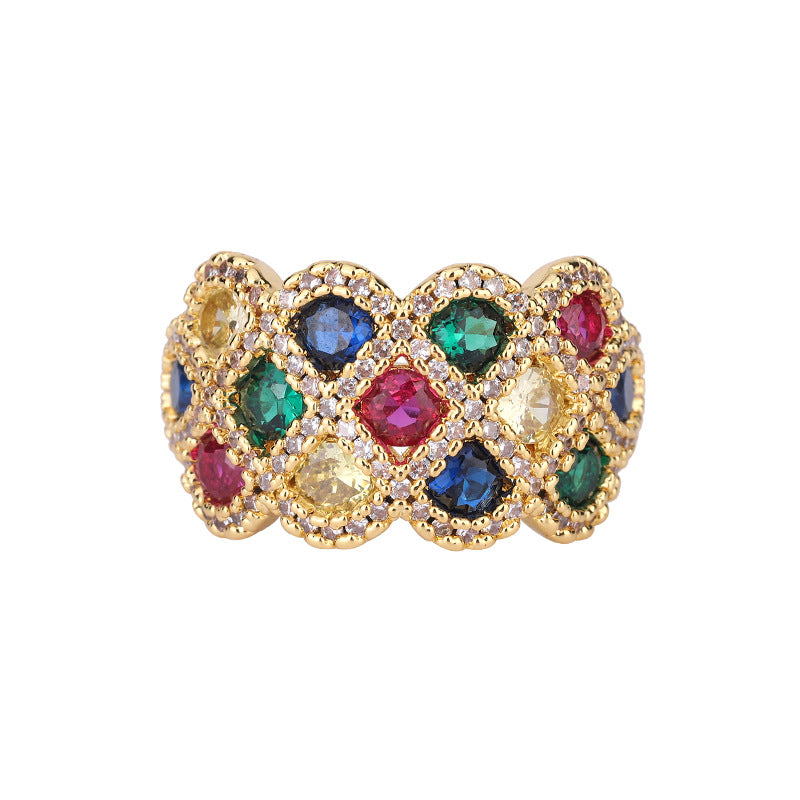 Gold-plated imitation colorful ring with copper bottom Retro ring sparkles with diamond-encrusted ladies ring.