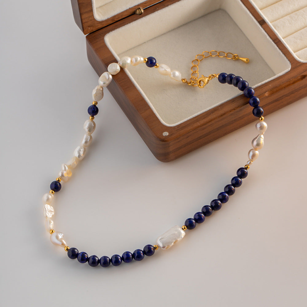 Vintage in Cuban Rock freshwater pearl lapis lazuli hand-beaded necklace Luxury sense autumn and winter necklace women