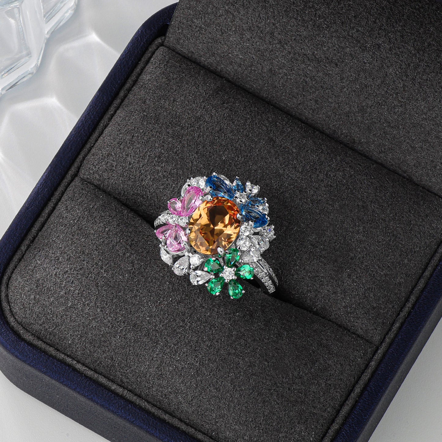 925 sterling silver gemstone ring with full diamond and high-end butterfly flower colored treasure ring