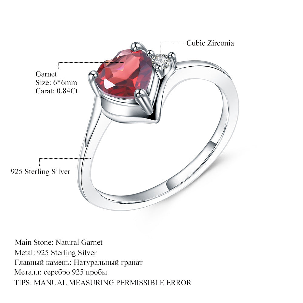 Natural Red Garnet Love Ring Fashion Heart shaped Gemstone s925 Silver Natural Color Treasure Ring