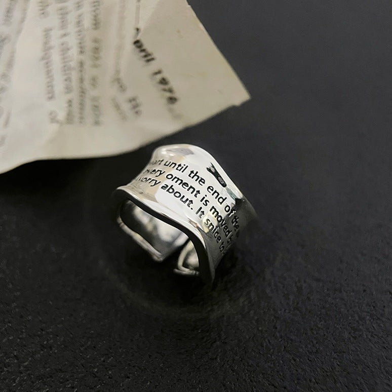 [DF] Bague à motif de vague de lettres lourdes vintage en argent pur S925 de style coréen - Bague ouverte avec une esthétique chic, bague d'index de déclaration avec vent de port