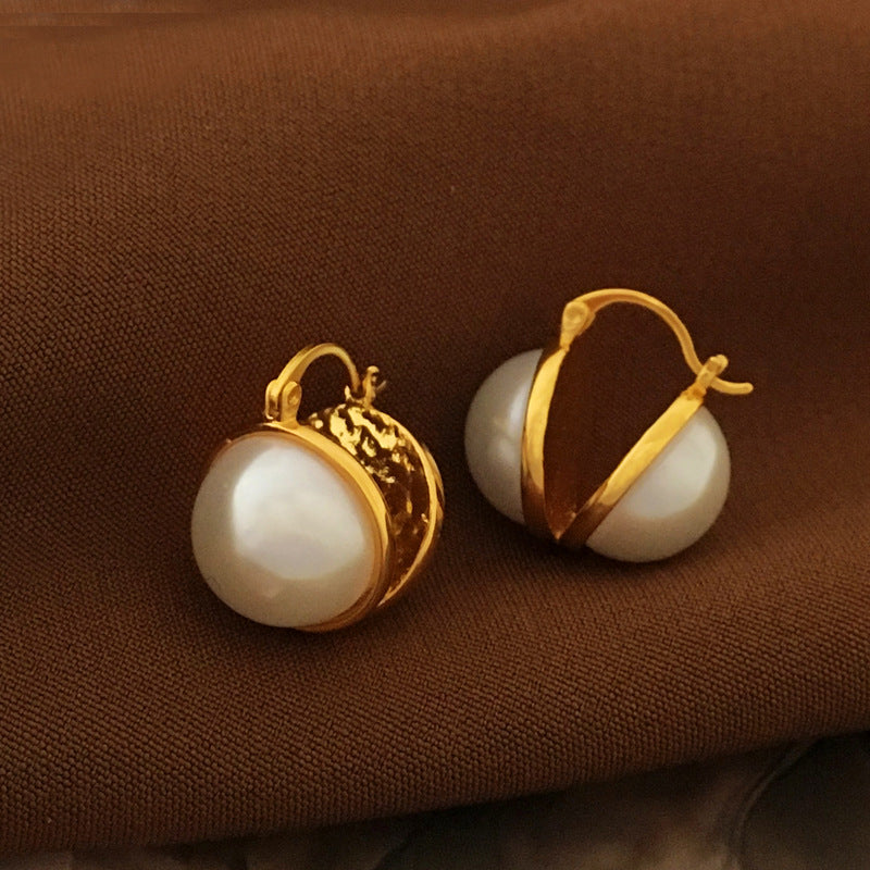 [DF]Copper Plated True Gold South Korea East Gate Double sided Half Piece Pearl Earrings Personalized Temperament Fashion Earrings Earrings