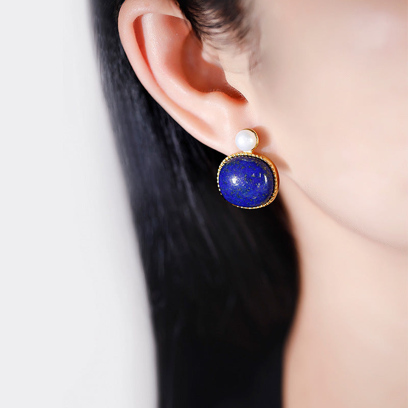 S925 silver-plated lapis lazuli egg earrings