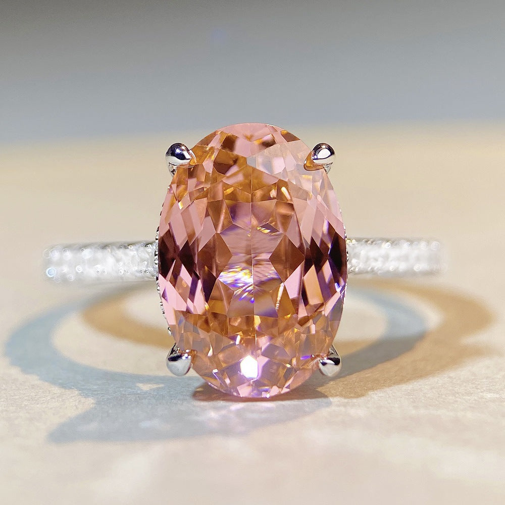 S925 sterling silver ring female pale pink pigeon eggs 6 carat diamond ring full of diamonds.