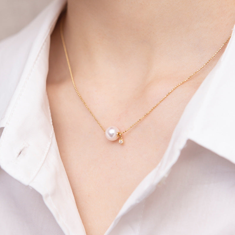 [DF]8-9mm Seawater Akoya Pearl Necklace with 18k Gold Accent Pendant - Classic and Versatile Fashion Statement