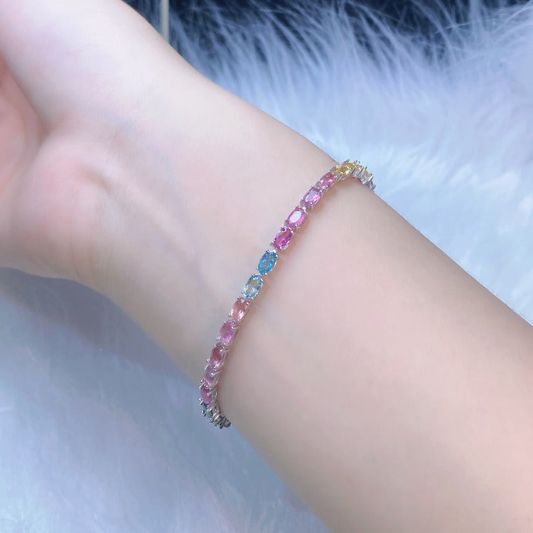 Pulsera de turmalina natural con incrustaciones de plata S925 para mujer, joyería de caramelos de arcoíris