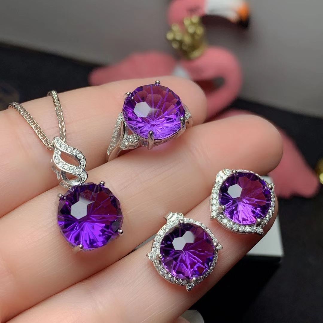 Amethyst Ring pendant earrings set with 925 silver inlay