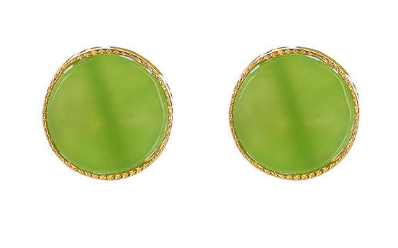 Boucles d'oreilles rondes exquises en or 18 carats incrustées de jaspe fruit vert.