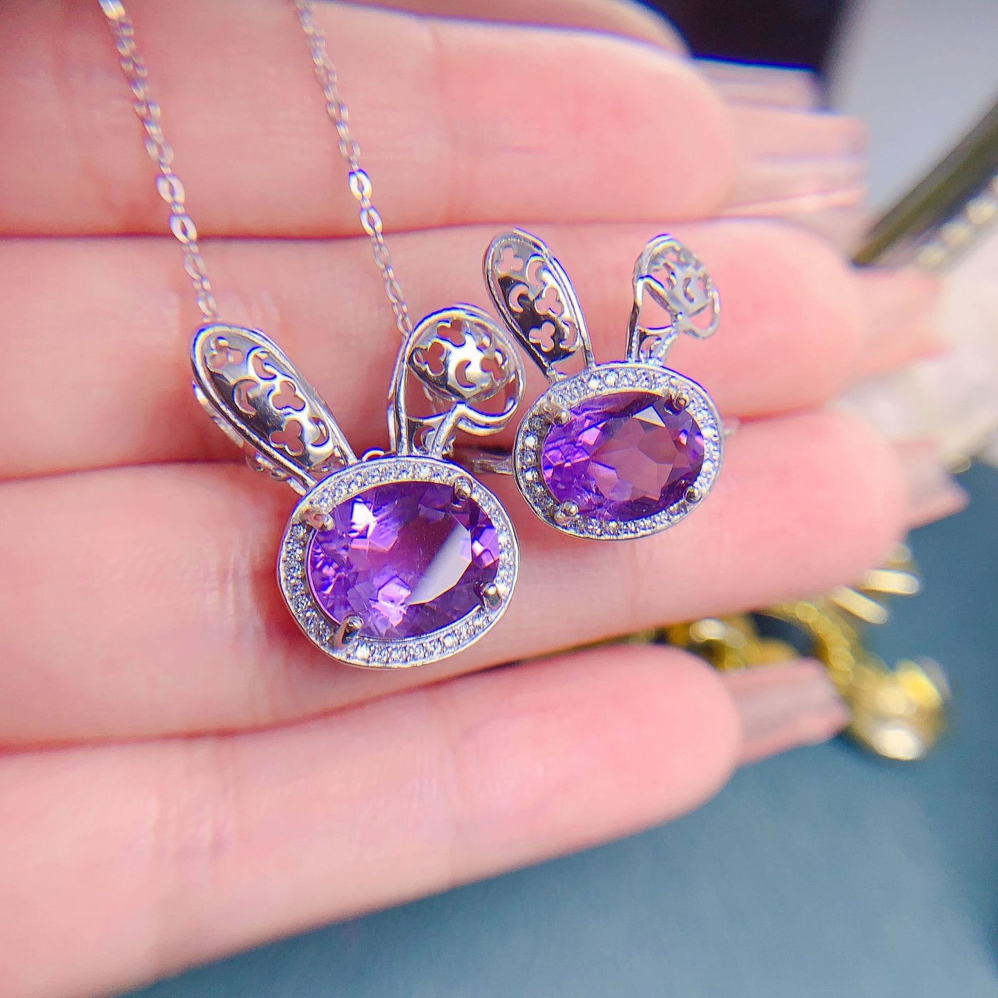 Natural Brazilian Amethyst Ring Pendant Set 925 Silver Precision Inlaid Rabbit