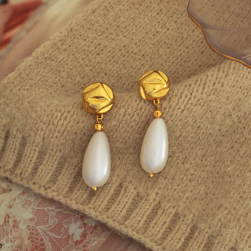 [DF]Copper plated gold S925 silver needle fashion baroque earrings simple retro drop pearl earrings earrings