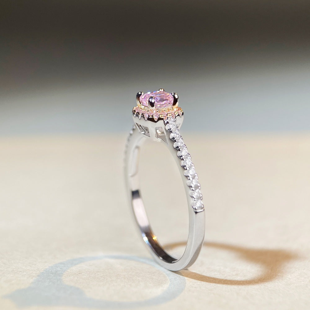 S925 sterling silver pink diamond ring cute series four-prong light luxury high-end diamond ring