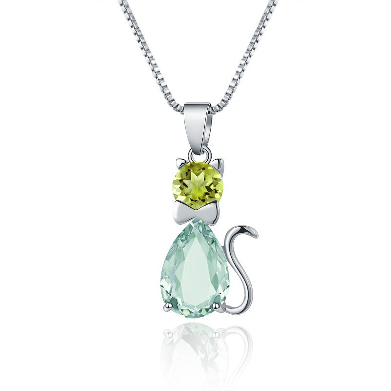 Colgante de gato con piedra preciosa natural, collar con amatista verde con incrustaciones de plata s925 