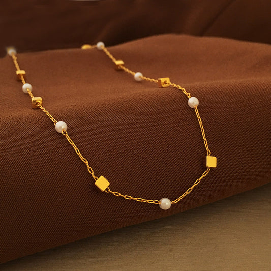 [DF]Korean niche design block pearl necklace, fashionable and popular new neck chain, summer high-end collarbone chain