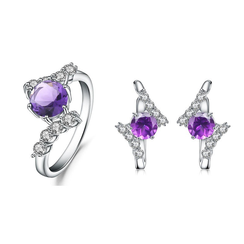 Customized S925 Silver Natural Amethyst Ring Earrings Set of Two Pieces Inlaid with Natural Colorful Treasure Jewelry Set