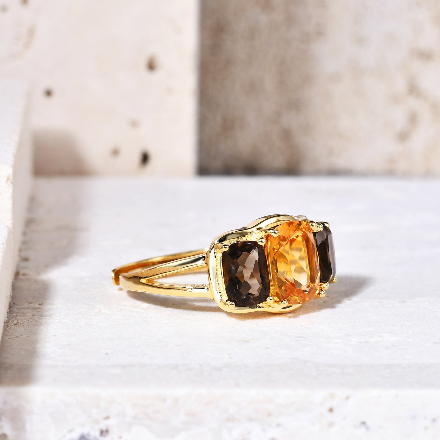 Natural Colored Gemstone Citrine Citrine Ring S925 Silver Plated 14K Gold Setting Gemstone Ring