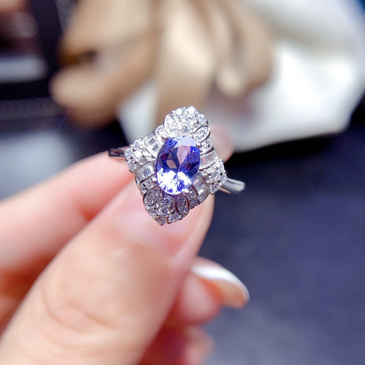 Explosive natural tanzanite ring S925 silver set center stone 5*7 hot sale in Europe and the United States