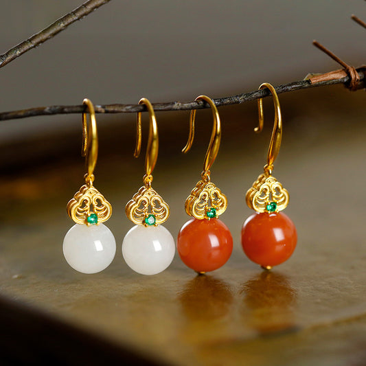 S925 sterling silver inlaid with South Red Agate and Hetian White Jade Earrings are simple