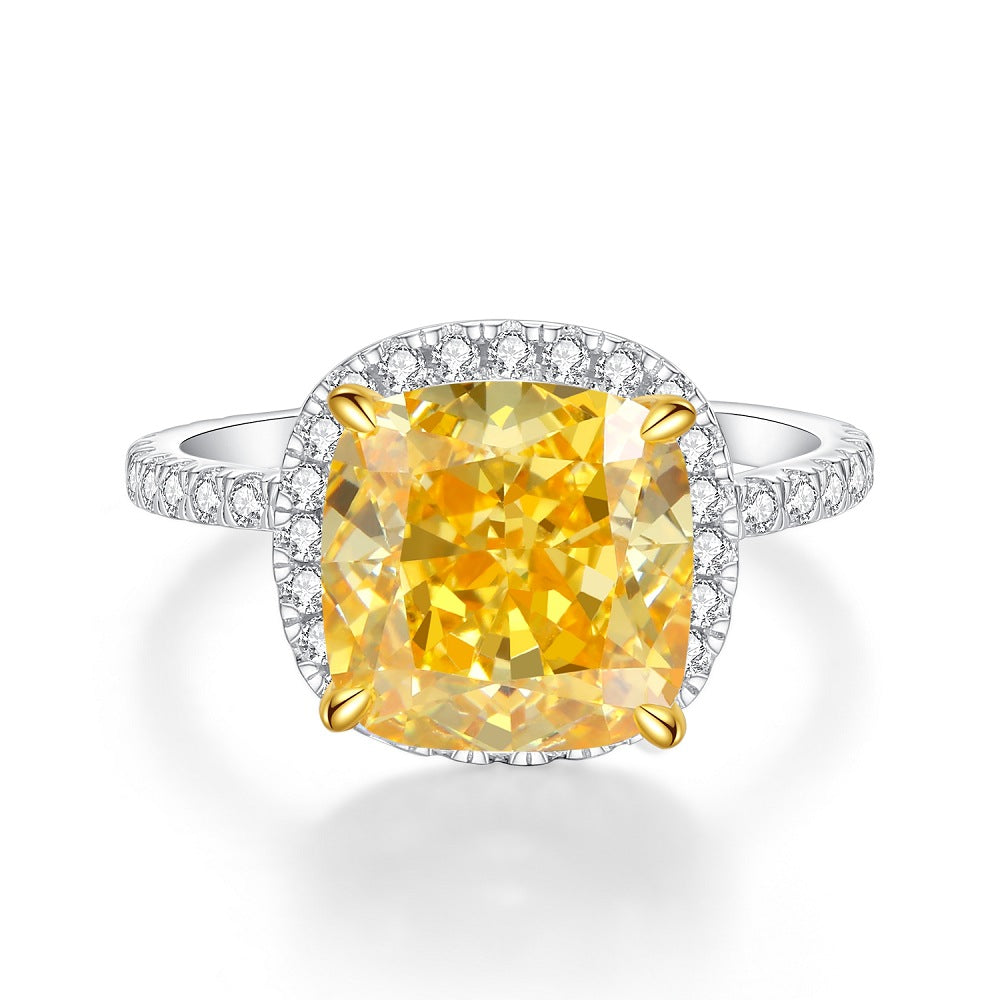 S925 Pure Silver Yellow Diamond Ring Women's Ice Flower 8A Zircon Ring Wedding Ring