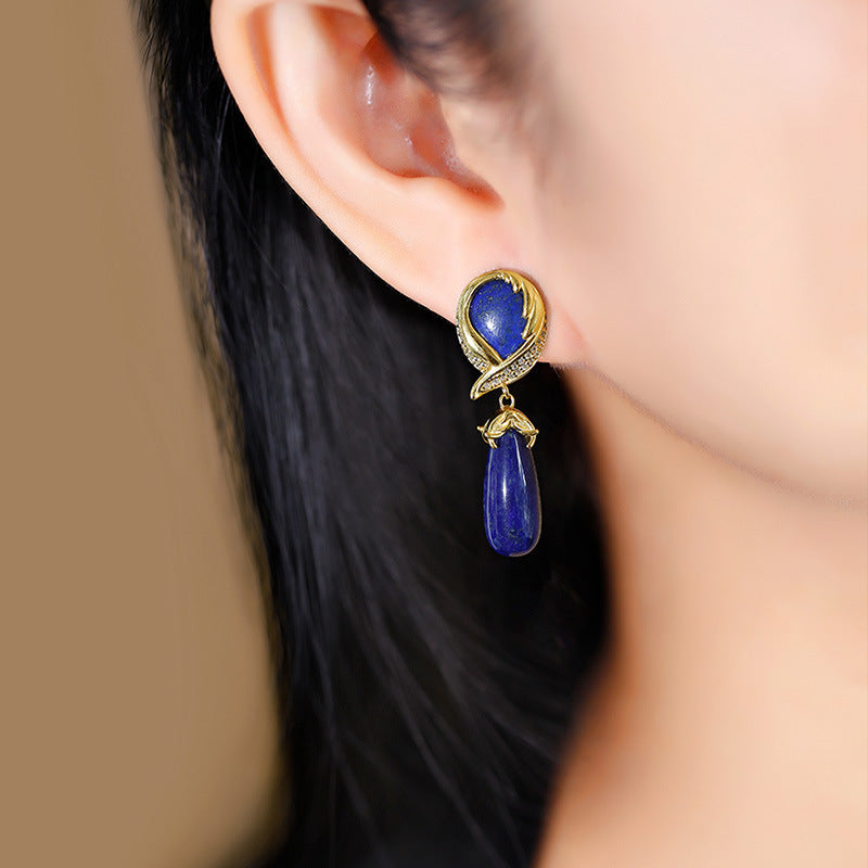 S925 silver inlaid lapis lazuli earrings and earrings