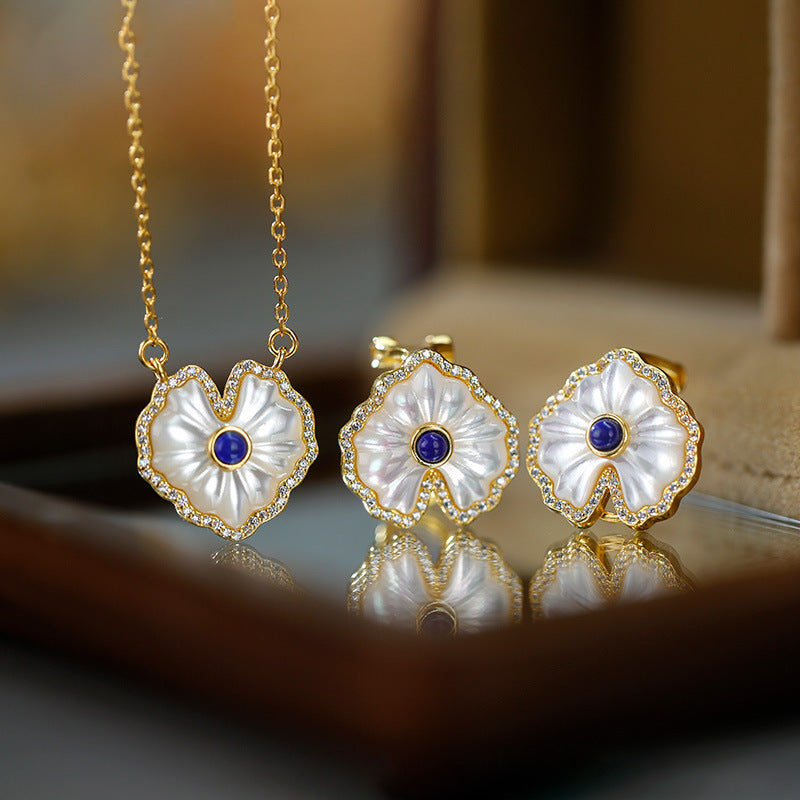 S925 Silver Gold-plated White Fritillaria Love Nanhong Lapis lazuli Earrings Necklace Set