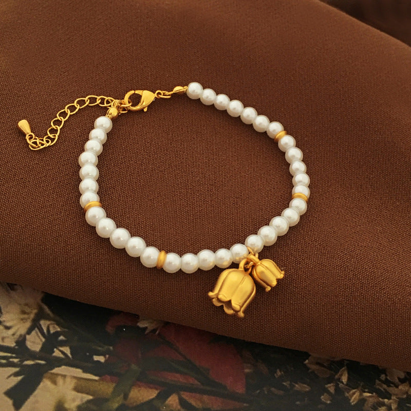 【DF】Copper Plated True Gold French Gentle Temperament Bell Orchid Pearl Bracelet Ins Style Summer New Collar Chain Female