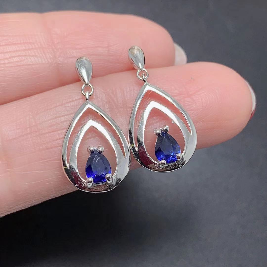 [DF]Boucles d'oreilles pendantes en saphir bleu naturel - Monture en argent S925