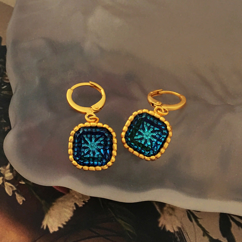 [DF]Copper plated genuine gold, exaggerated irregular patterns in Europe and America, blue earrings, personalized antique style, geometric square earrings