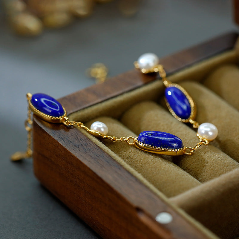 S925 silver gold-plated lapis lazuli pearl bracelet