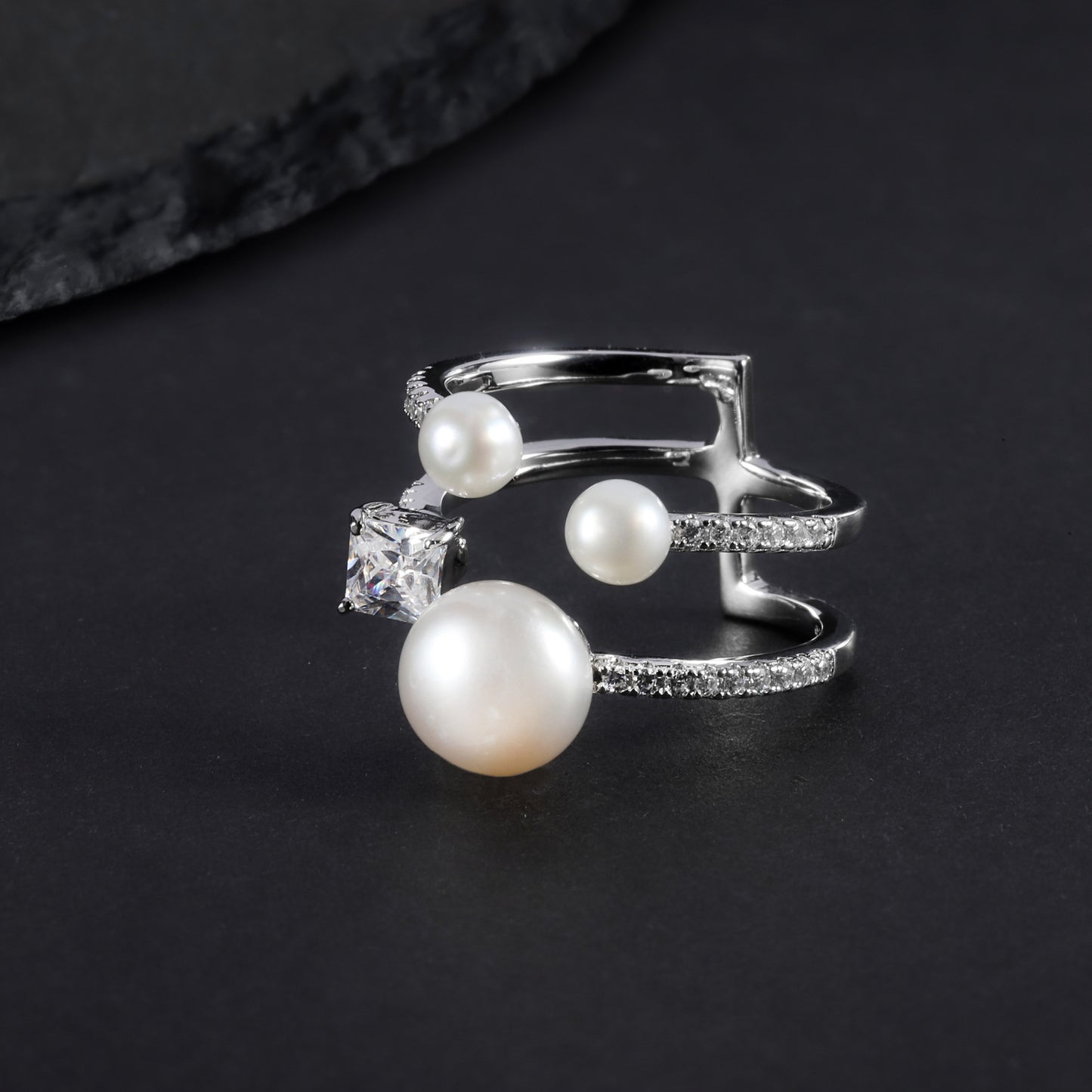 S925 Sterling Silver Natural Freshwater Pearl Ring for Women with Adjustable Opening, Fashionable and Light Luxury Gem Ring