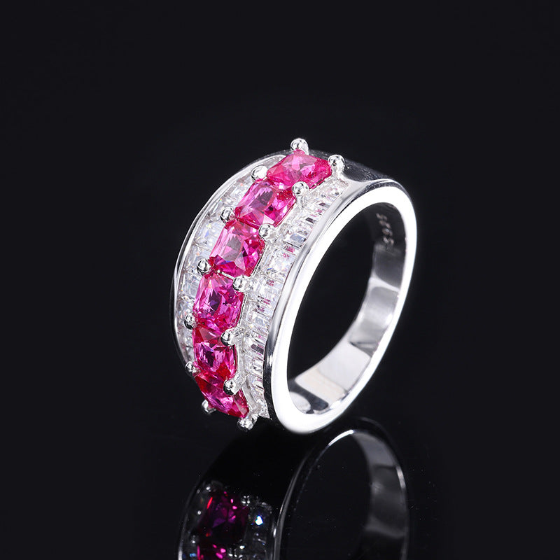 S925 silver imitation Ruby full diamond set ring closed retro ring 4*4