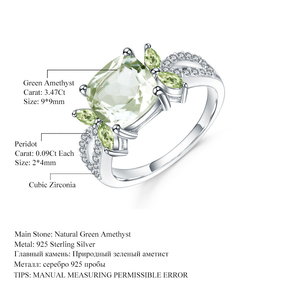 Natural Green Amethyst Ring S925 sterling silver set with natural gemstones