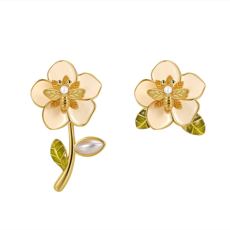 【DF】French sweet flower earrings asymmetrical earrings niche personality trend ins fashion ladies style Korean jewelry