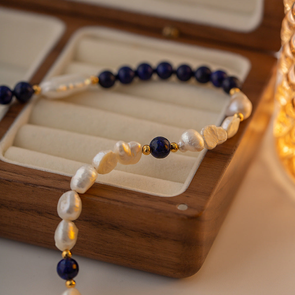 Vintage in Cuban Rock freshwater pearl lapis lazuli hand-beaded necklace Luxury sense autumn and winter necklace women